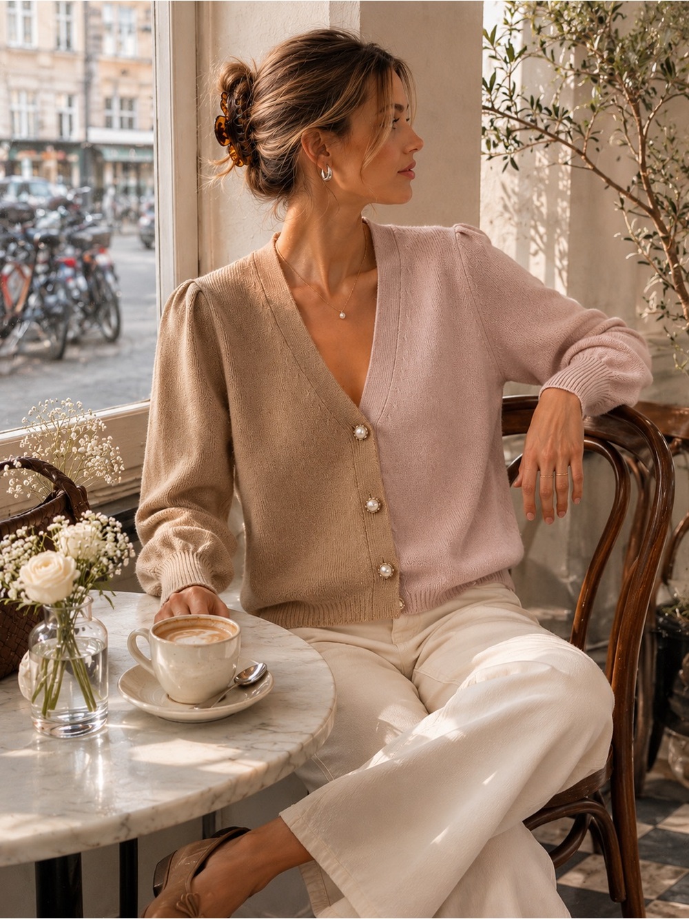 Cami NYC Merino Maya Pearl Button Cardigan | Cashew Colourblock | Medium